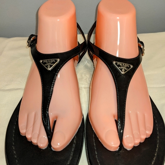 Prada Shoes - Prada Black Patent Leather Logo Thong Sandals